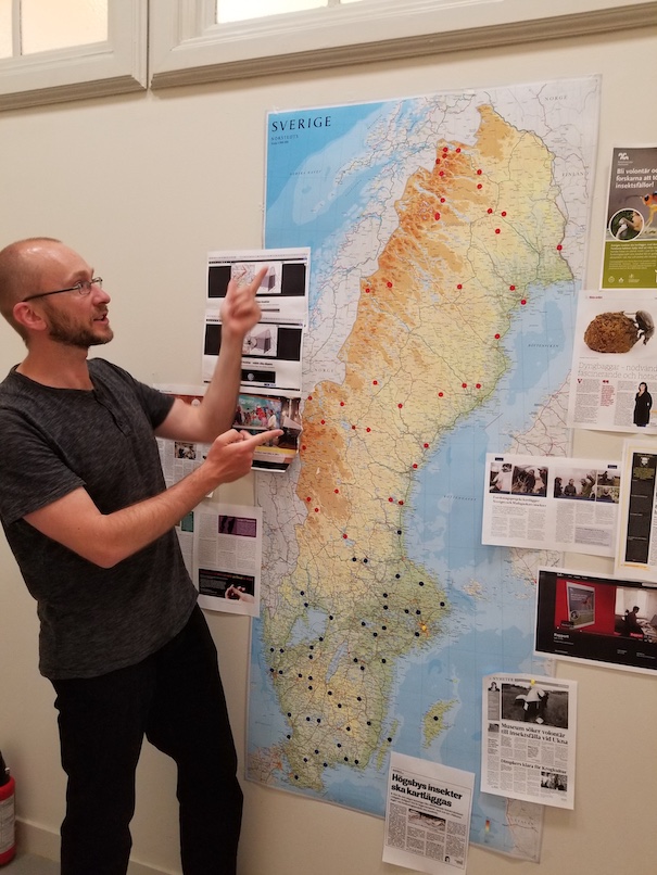 Piotr demonstrates the distribution of IBA Malaise traps in Sweden